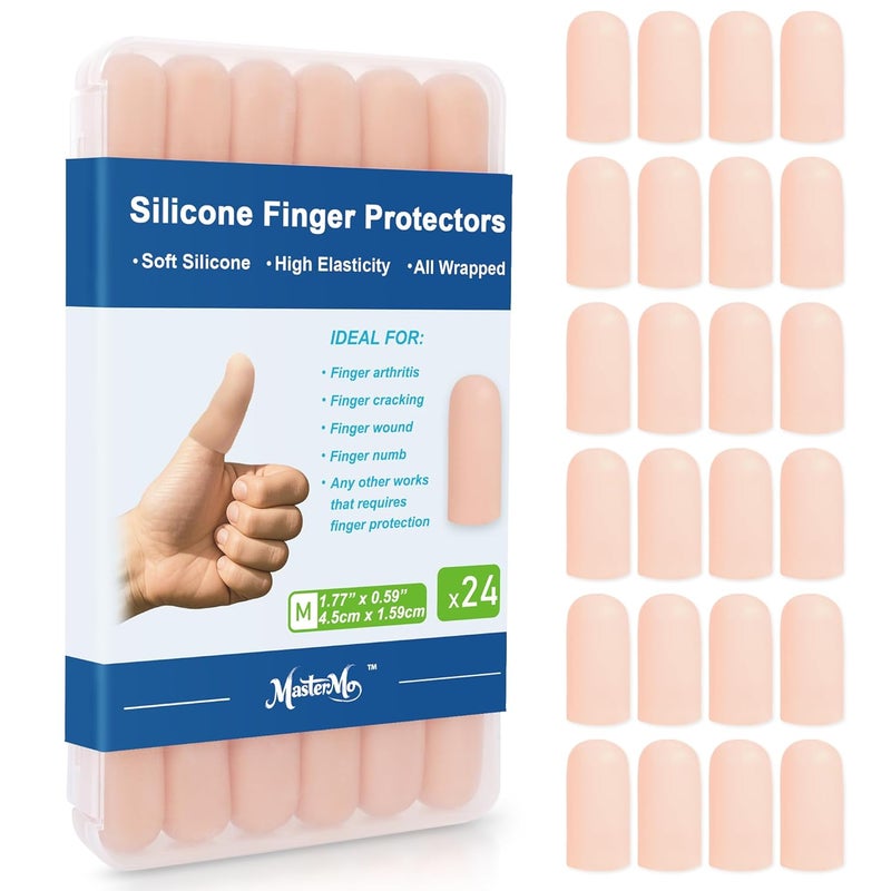 MasterMo Gel Finger Cots Protectors, Silicone Fingers Covers Bandages Caps Sleeves for Fingertip Thumb Protection, Ideal for Trigger, Arthritis, Cracking, Blisters, Callus, Hangnail & Pain Relief (Nude, M, 24PCS) - Image 1